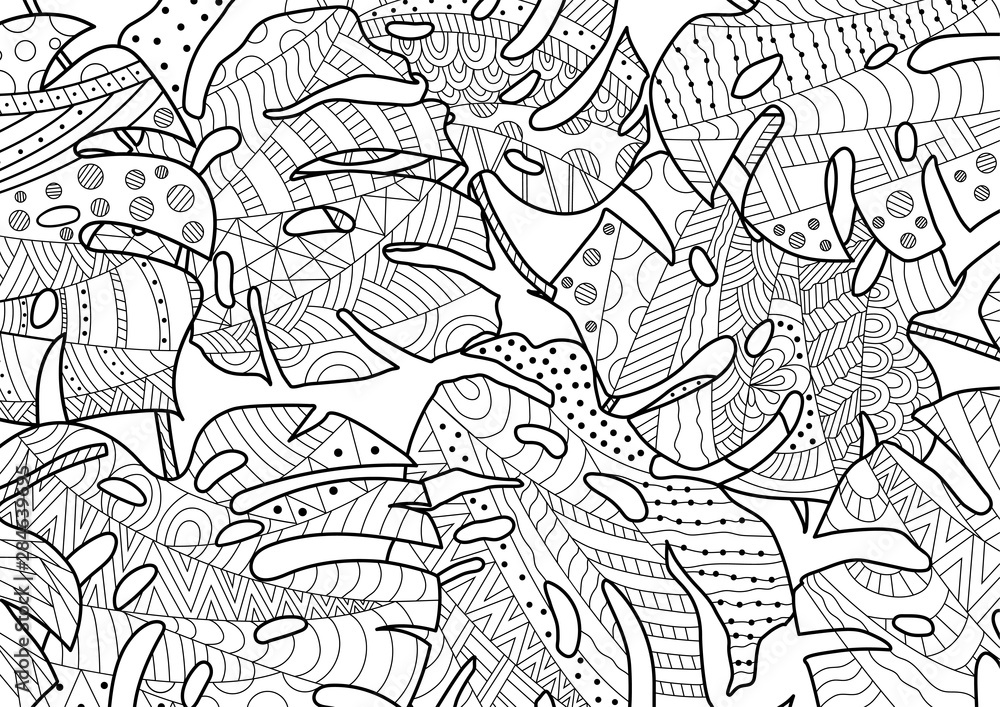 Doodling coloring book monstera leaves
