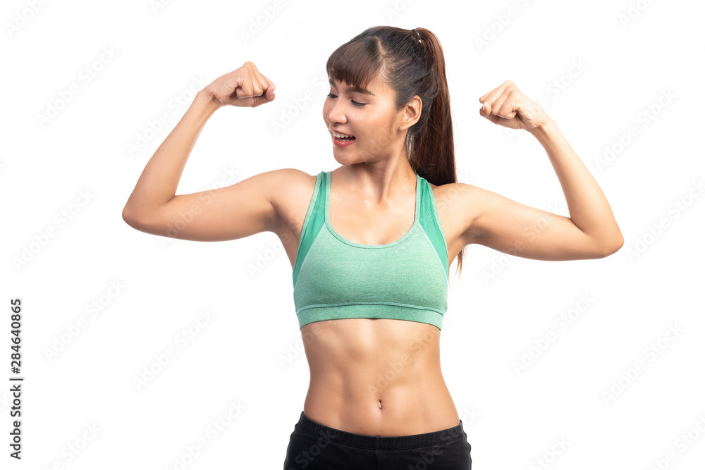 Fitness woman white background. Asian woman. Showing arm muscle, looking at her muscle. Fitness woman white background. Asian woman. Showing arm muscle, looking at her muscle.