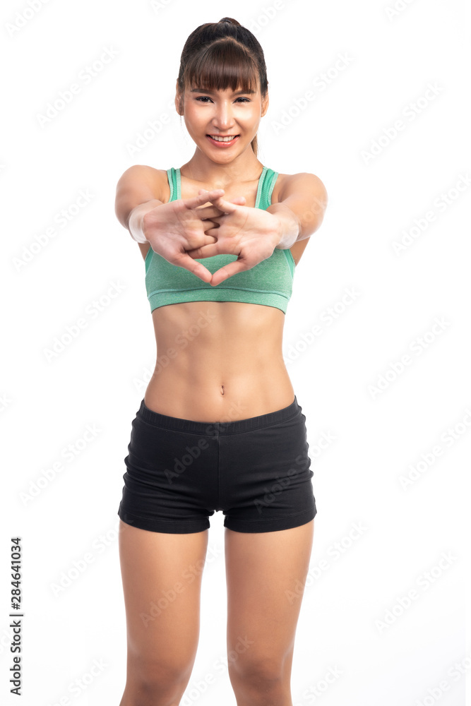 Fitness woman warming up isolated on white background. Asian lady. Arm stretch pose. Fitness woman warming up isolated on white background. Asian lady. Arm stretch pose.