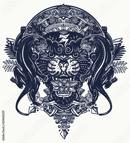 Black panthers and mayan sun calendar. Esoteric tattoo and t-shirt design. Wild cats totem and jungle. Mesoamerican mexican art