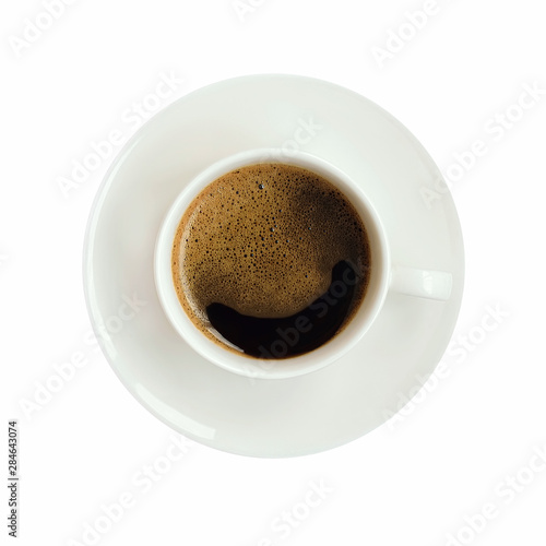 Cup of black coffee with round plate isolated on white background. Top view.