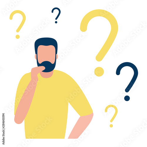 Thinking business man wich question marks. Young man solves problem, chooses solution. Man surrounded by question marks. Vector flat design illustration