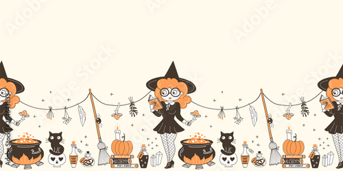 Witchcraft hand drawn vector seamless pattern. Witch reading magic spell, brewing potion in cauldron. Halloween party decoration elements. Wizardry wrapping paper, wallpaper textile design