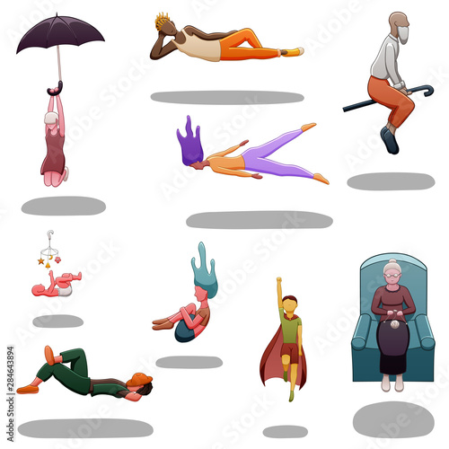 Set of nine levitating people of different sexes and ages. There are shadows below them on the ground. White background, vector.