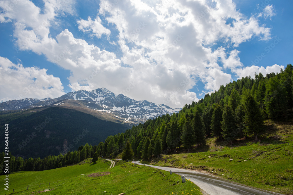 View from the Gavia pass, an alpine pass of the Southern Rhaetian Alps, marking the administrative border between the provinces of Sondrio and Brescia, Italy.