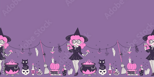 Witchcraft hand drawn vector seamless pattern. Witch reading magic spell, brewing potion in cauldron. Halloween party decoration elements. Wizardry wrapping paper, wallpaper textile design