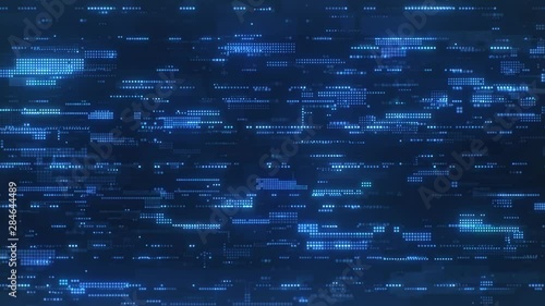 Flying along the abstract high-tech looking particles, which resemble the bright blue flickering pixels combined into matrices randomly spaced over a dark background.