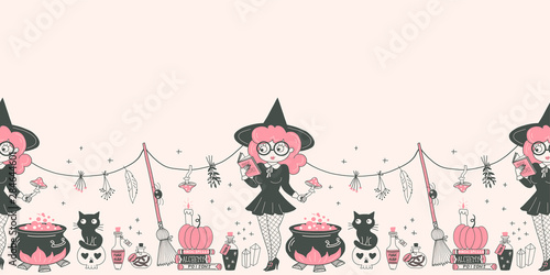Witchcraft hand drawn vector seamless pattern. Witch reading magic spell, brewing potion in cauldron. Halloween party decoration elements. Wizardry wrapping paper, wallpaper textile design
