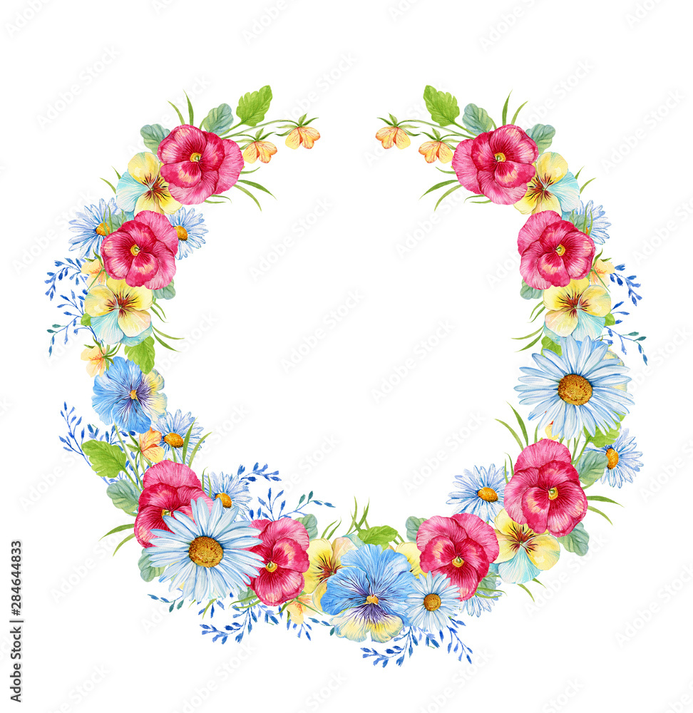 Flower wreath pansies , daisies .Illustration in watercolor,a bouquet of flowers on isolated background