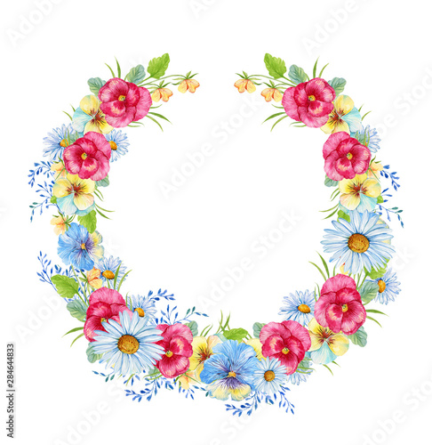 Flower wreath pansies , daisies .Illustration in watercolor,a bouquet of flowers on isolated background