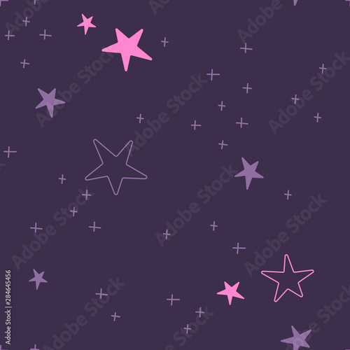 Starry sky hand drawn vector seamless pattern. Constellation simple abstract texture. Stars cluster purple, pink drawing on dark background. Astrology minimalist wrapping paper textile design