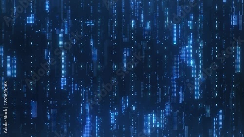 Flying along the abstract high-tech looking particles, which resemble the bright blue flickering pixels combined into matrices randomly spaced over a dark background.