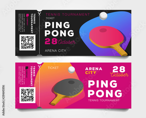 set of torn-off ping pong tournament tickets with rackets and balls and qr code