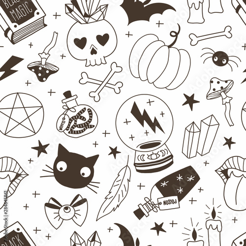 Witchcraft hand drawn vector seamless pattern. Crystal ball, bottles with poison, worms, skull, black cat, pumpkin on white background. Witch stuff wrapping paper, wallpaper modern textile design