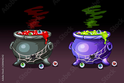 Magic potion with eyes. Vector Happy Halloween, Witches Cauldrons.