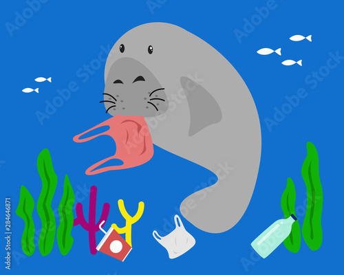 manatee eat plastic bag. stop ocean plastic pollution concept.