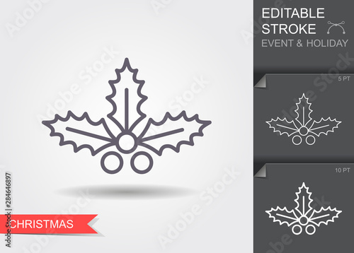 Christmas holly berry leaves. Line icon with editable stroke with shadow