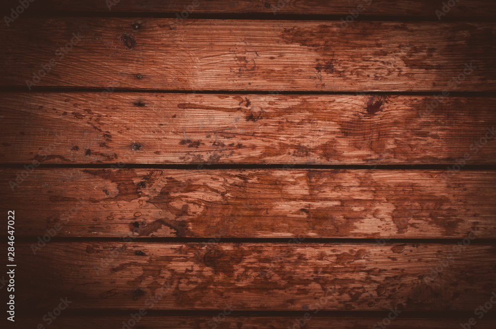 Wooden background with streaks of water. Wooden wooden boards and background. Retro style image. Top view. Copy space.