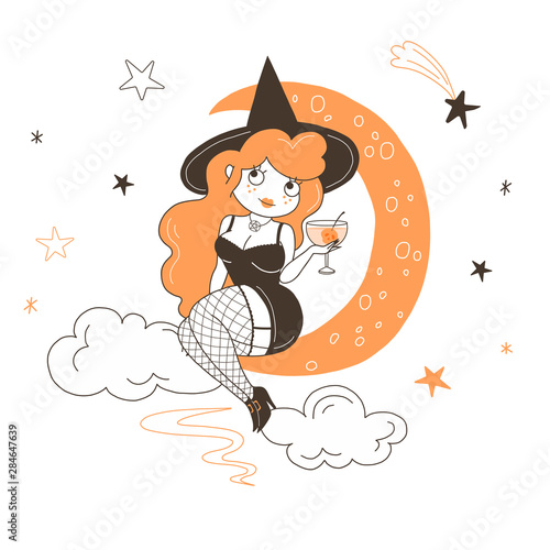 Witch on moon flat vector illustration. Young sorceress sitting on crescent moon and drinking cocktail isolated cartoon character on starry white background. Halloween party design element