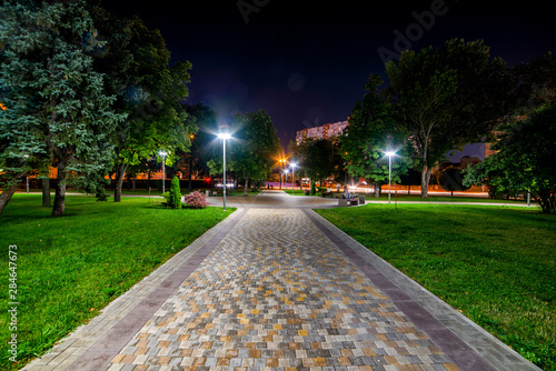 Beautiful city park walkway with lamps at night
