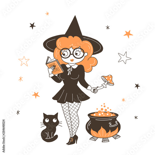 Witch brewing potion flat vector illustration. Wizard in glasses reading book with magic recipes isolated cartoon character on starry white background. Black cat sitting near cauldron design element