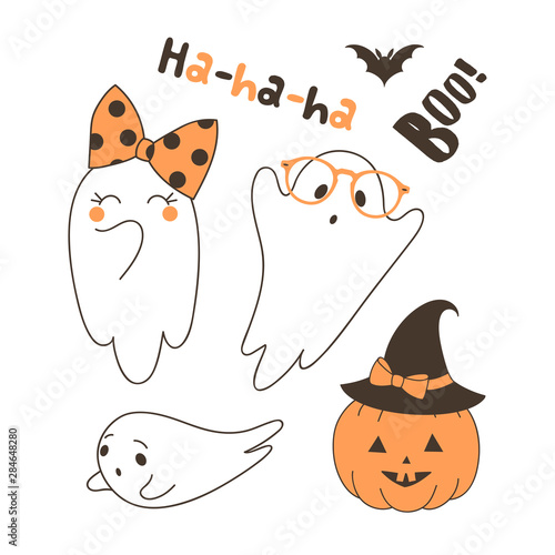 Cute ghosts flat vector illustrations set. Flying bat, frightened spook specter in glasses, laughing ghost wearing bow, pumpkin in hat isolated cliparts pack. Halloween characters on white background