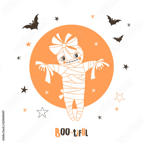 Cute halloween mummy flat vector illustration. Monster wrapping in bandages, zombie sticker, clipart. Scary halloween party costume. Cartoon flying bats isolated on white background