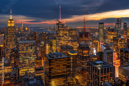 Top Scene of New York City cityscape in lower manhattan at the twilight time, USA downtown skyline, Architecture and building with tourist concept
