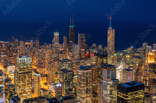 Aerial view of Chicago cityscape skyscraper under the blue sky at beautiful twilight time in Chicago  Illinois  United States  Landscape and Modern Architecture concept