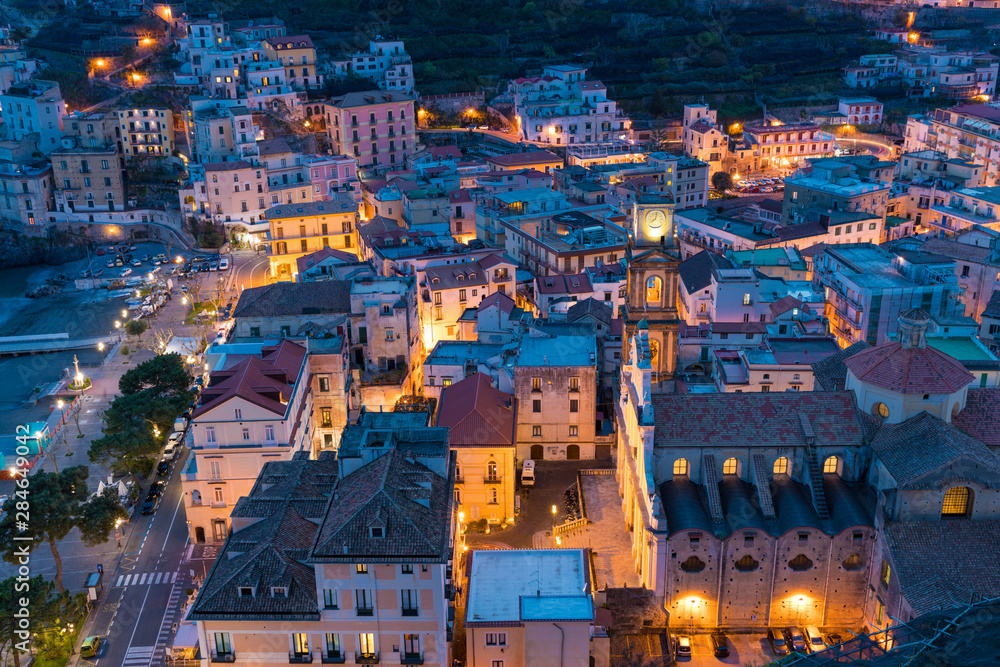 Night aerial view of centre of Minori, Amalfi Coast in Campania region of Italy.