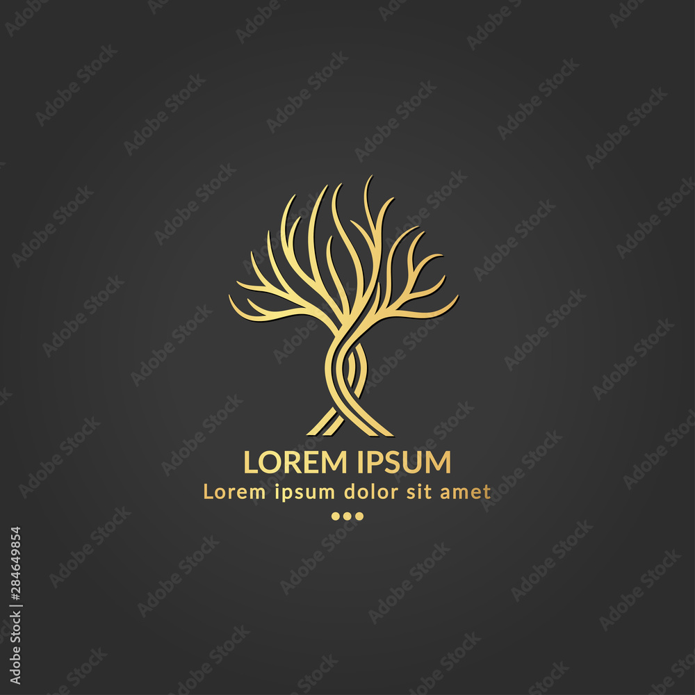 Fototapeta Golden tree logo design on a black background. Modern illustration. Isolated vector. Great for emblem, monogram, invitation, flyer or any desired idea.