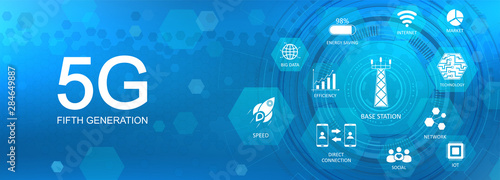 5G technology banner with Key aspects of the internet. New generation mobile networks and internet. 5G technology background. Infographic concept banner Blue vector illustration. photo