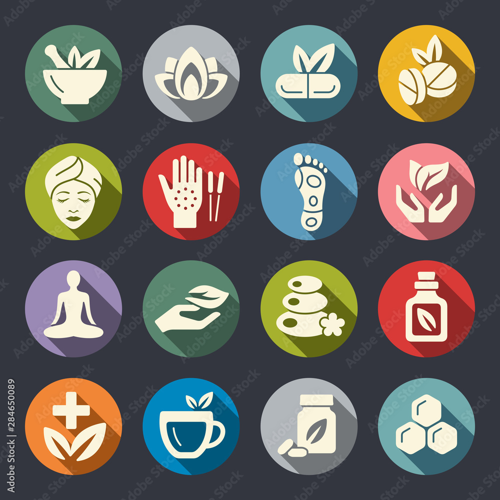 Alternative medicine. Massage, herbal pharmacy, yoga. Flat vector icon