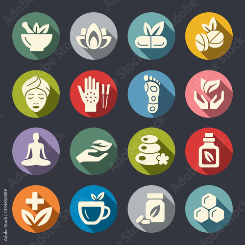 Alternative medicine. Massage, herbal pharmacy, yoga. Flat vector icon set