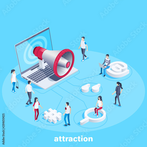 isometric vector image on a blue background, a laptop and a loudspeaker and near them people, attracting users in various ways, internet marketing