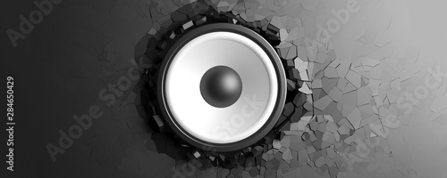 Black wall breaks from sound with speaker. 3d illustration