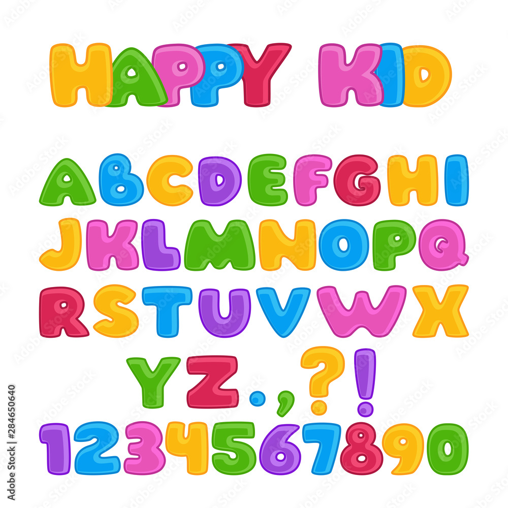 flat vector image on a white background, a set of letters of the English alphabet, a childish font with puffy letters and numbers flat vector image on a white background, a set of letters of the English alphabet, a childish font with puffy letters and numbers
