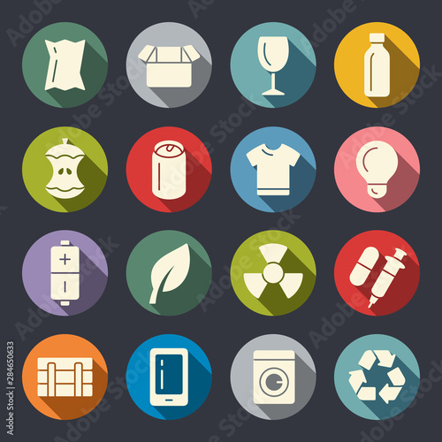 Waste sorting flat vector icon set