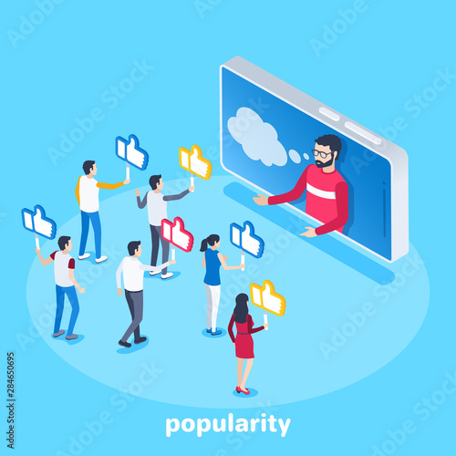 isometric vector image on a blue background, a man in a smartphone and his followers with likes, high popularity in social networks