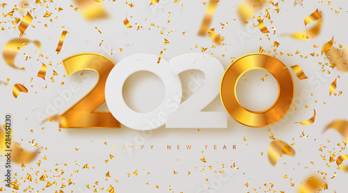 Merry Christmas and Happy new year 2020 banner with golden luxury numbers and serpentine. Gold Festive Numbers Design. Vector illustration