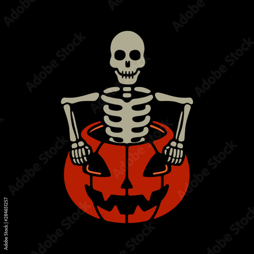 Halloween pumpkin skeleton color on black background