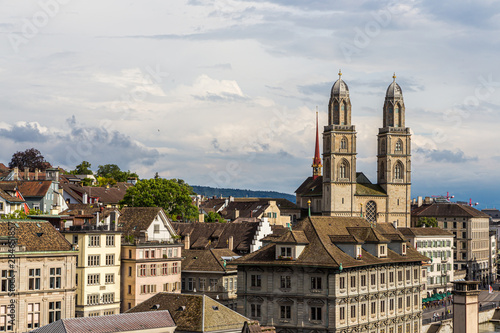 Zurich old downtown with famous Grossmunster Church and Limmat river from Lindenhof park, Zurich, Switzerland