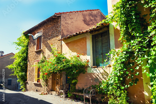 Beautiful street with old architecture in Valensole, Provence, France. Stone houses with green decorative trees