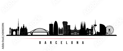 Barcelona City skyline horizontal banner. Black and white silhouette of Barcelona City, Spain. Vector template for your design.