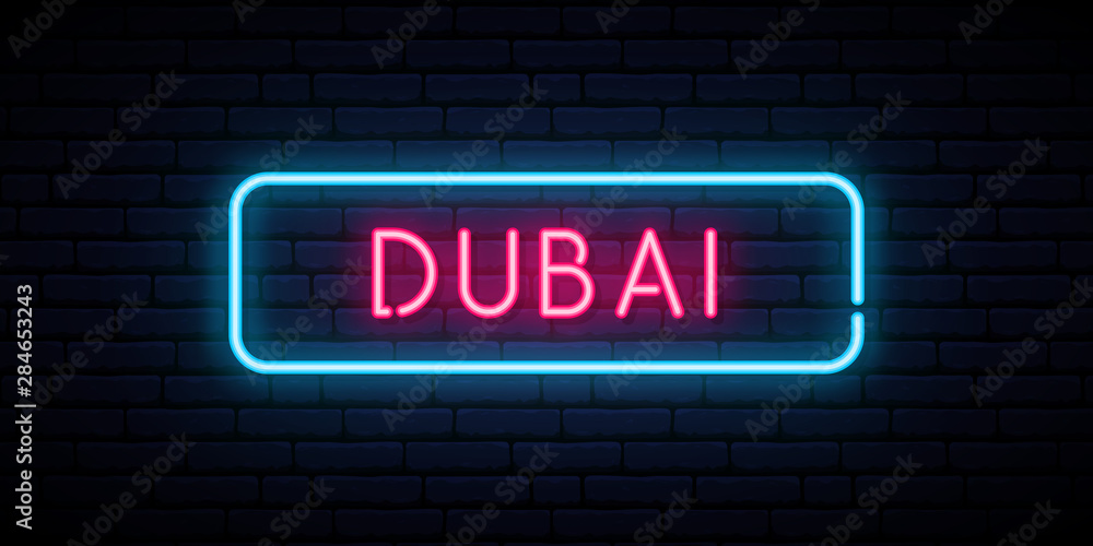 Dubai neon sign. Bright light signboard. Vector banner. Dubai neon sign. Bright light signboard. Vector banner.
