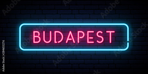Budapest neon sign. Bright light signboard. Vector banner.