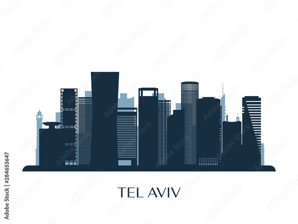 Tel Aviv skyline, monochrome silhouette. Vector illustration.