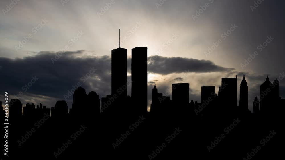 New York City, September 2000: The original World Trade Center with the Twin Towers at Sunrise, destroyed in 2001 during the September 11 2001 attacks, Manhattan, USA