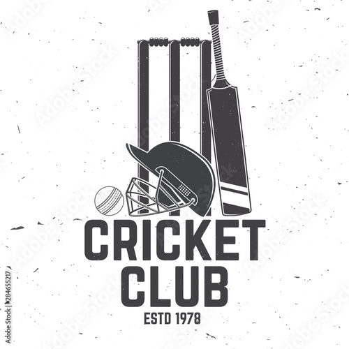 Cricket club badge. Vector. Concept for shirt, print, stamp or tee. Vintage typography design with wicket, bail, helmet and cricket ball silhouette. Templates for sports club.