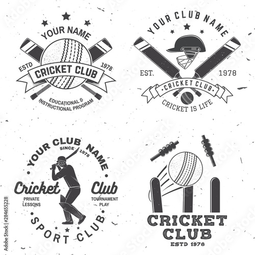Set of cricket club badges. Vector. Concept for print, stamp or tee. Vintage typography design with cricket batsman, ball, wicket, bail and helmet silhouette. Templates for sports club.